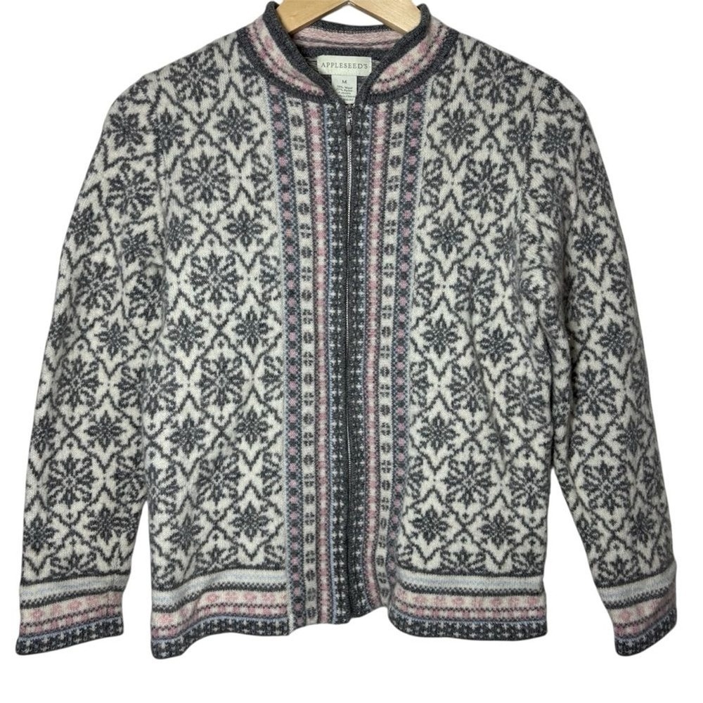Appleseed's Fair Isle Sweater Women Small Nordic Wool Blend Gray Pink Zip Front